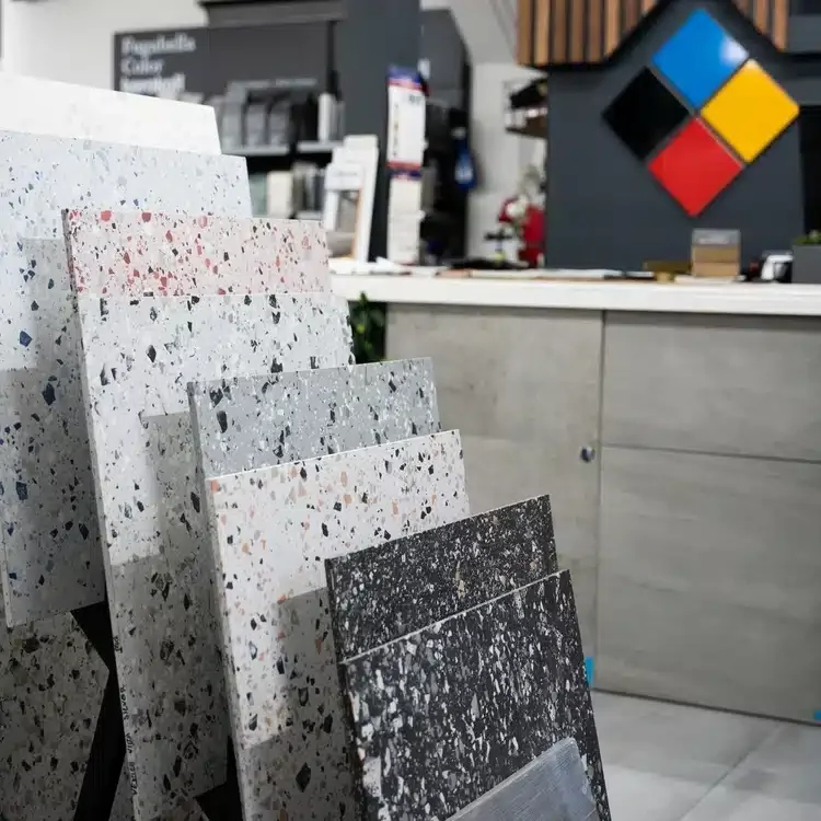 Terrazzo tile samples on display at Lilydale Tiles