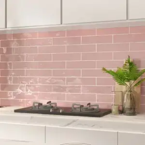 Pink subway tile kitchen backsplash